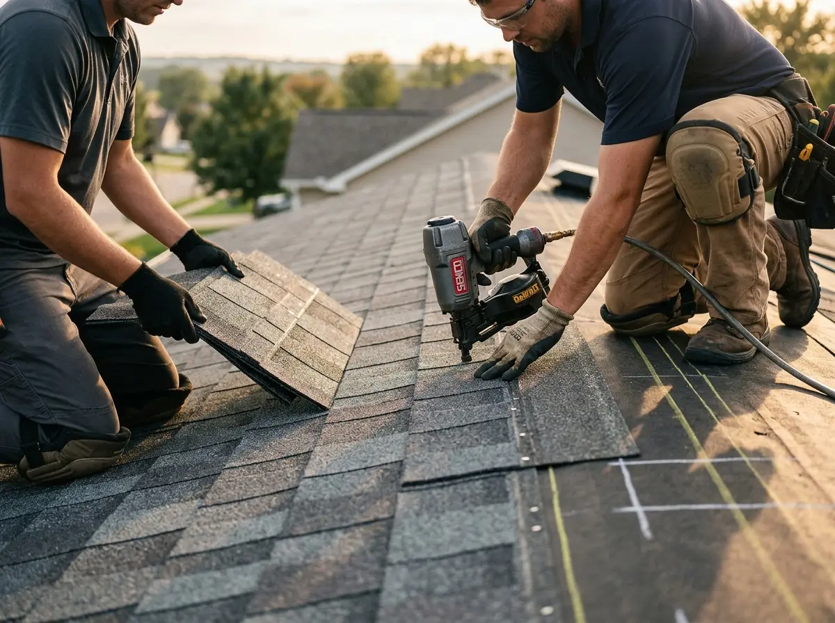 Professional roofer working on a residential roof in Redding